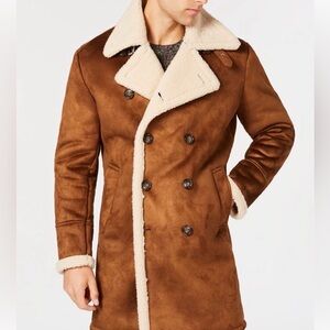 GUESS Faux Shearling Coat Mens XL Brown Sherpa Lined Double Breasted NWT